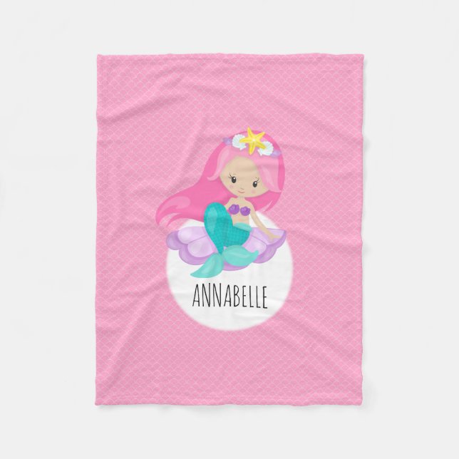Cute Mermaid Princess Girl Sea Shell Pink Scales Fleece Blanket (Front)