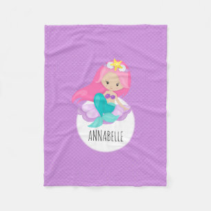 Cute Mermaid Princess Girl Sea Shell Purple Scales Fleece Blanket