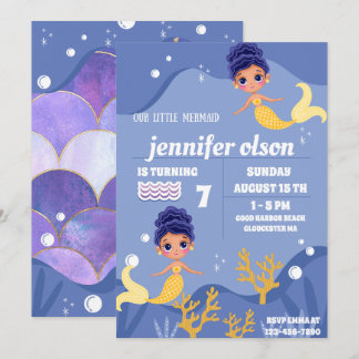 Cute Mermaid Princess Underwater Golden Mermaid Invitation