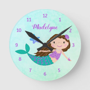 Cute Mermaid Purple Glitter Aqua Round Clock