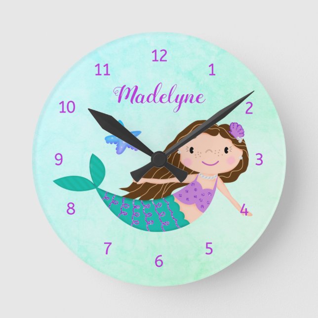 Cute Mermaid Purple Glitter Aqua Round Clock (Front)