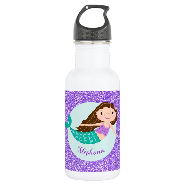 Cute Mermaid Purple Glitter Personalised 532 Ml Water Bottle (Front)