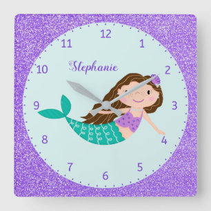 Cute Mermaid Purple Glitter Personalised Square Wall Clock