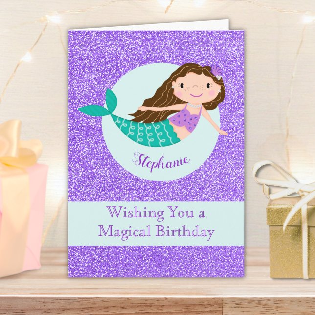 Cute Mermaid Purple Glitter Personalized Card (Creator Uploaded)