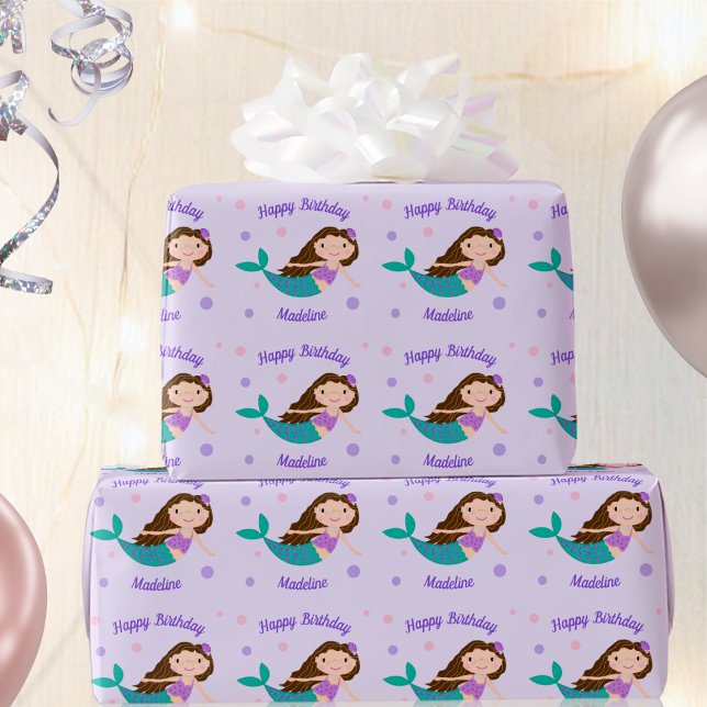 Cute Mermaid Purple Personalized Birthday Wrapping Paper (Creator Uploaded)