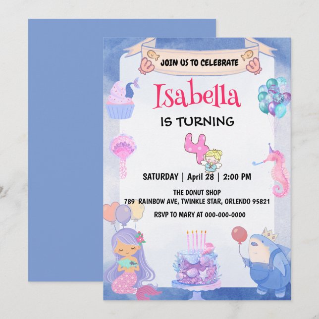 Cute Mermaid Rainbow angel 4th Birthday Party  Invitation (Front/Back)