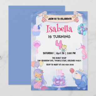 Cute Mermaid Rainbow angel 4th Birthday Party  Invitation
