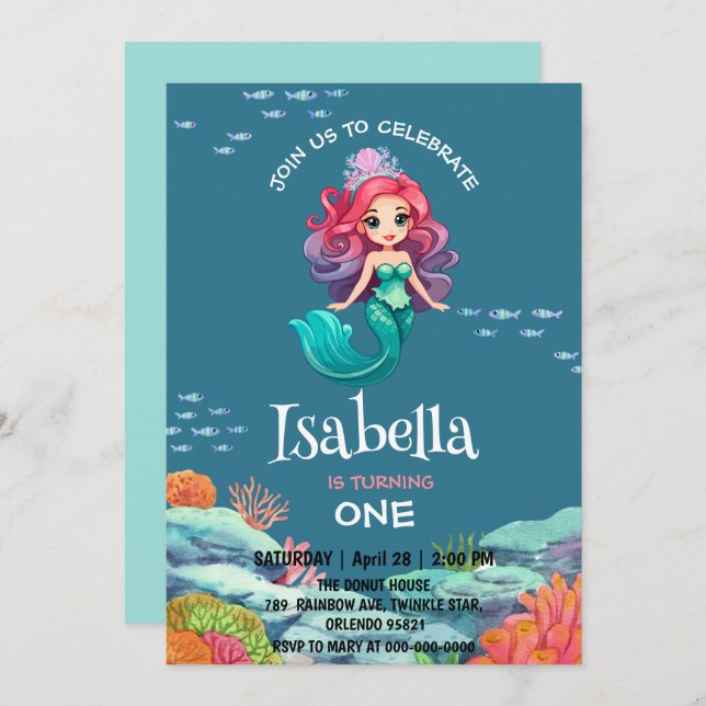 Cute Mermaid Rainbow colourful Birthday party name Invitation (Front/Back)