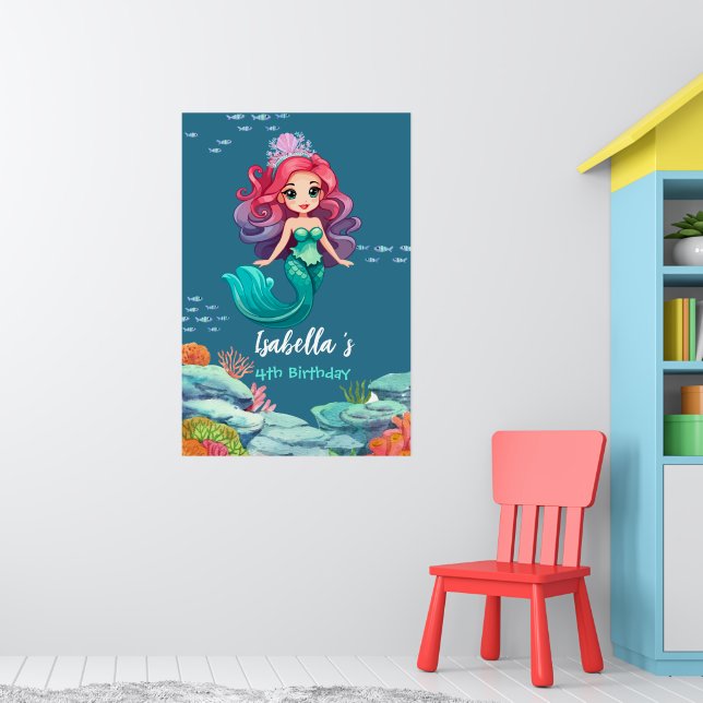 Cute Mermaid Rainbow colourful crown Birthday part Poster (Nursery 1)