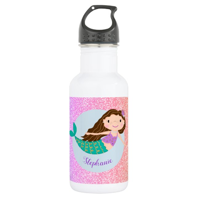 Cute Mermaid Rainbow Glitter Personalised 532 Ml Water Bottle (Front)