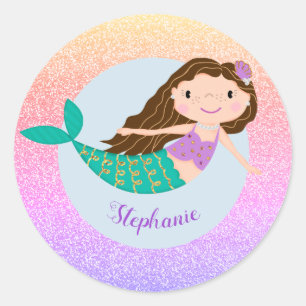 Cute Mermaid Rainbow Glitter Personalised Classic Round Sticker