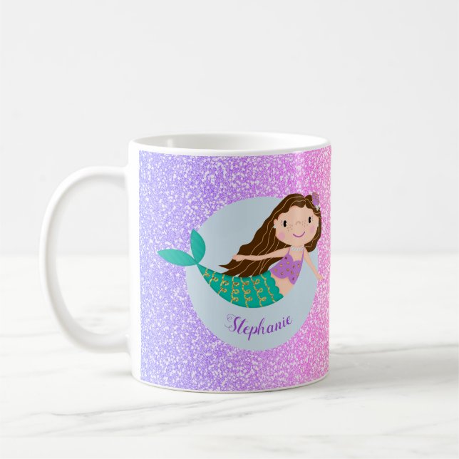 Cute Mermaid Rainbow Glitter Personalised Coffee Mug (Left)
