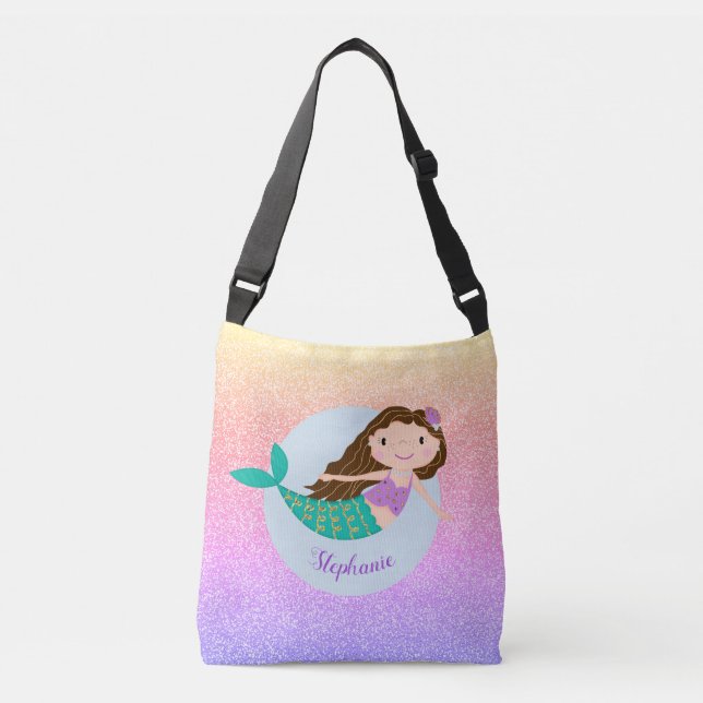 Cute Mermaid Rainbow Glitter Personalised Crossbody Bag (Front)