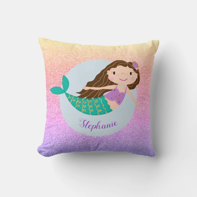 Cute Mermaid Rainbow Glitter Personalised Cushion (Front)