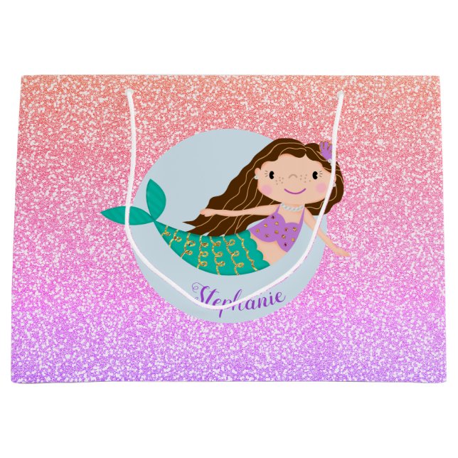 Cute Mermaid Rainbow Glitter Personalised Large Gift Bag (Front)