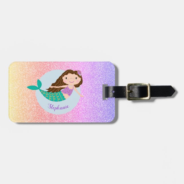 Cute Mermaid Rainbow Glitter Personalised Luggage Tag (Front Horizontal)