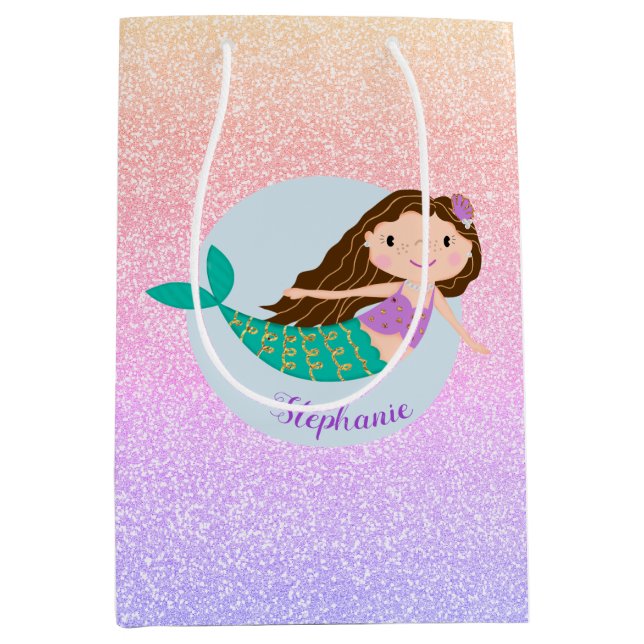 Cute Mermaid Rainbow Glitter Personalised Medium Gift Bag (Front)
