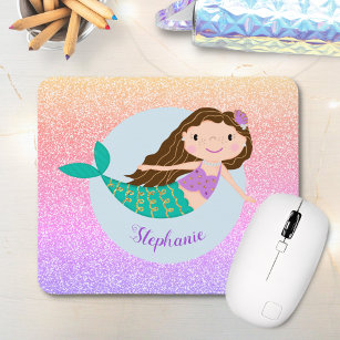 Cute Mermaid Rainbow Glitter Personalised Mouse Mat