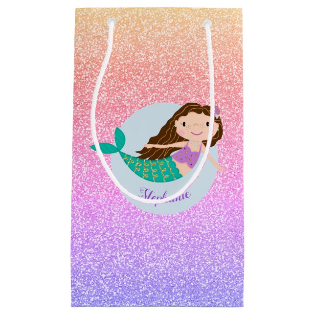 Cute Mermaid Rainbow Glitter Personalised Small Gift Bag (Front)