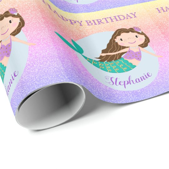 Cute Mermaid Rainbow Glitter Personalized Birthday Wrapping Paper ...