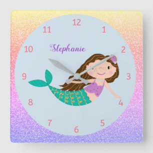Cute Mermaid Rainbow Glitter Personalized Square Wall Clock