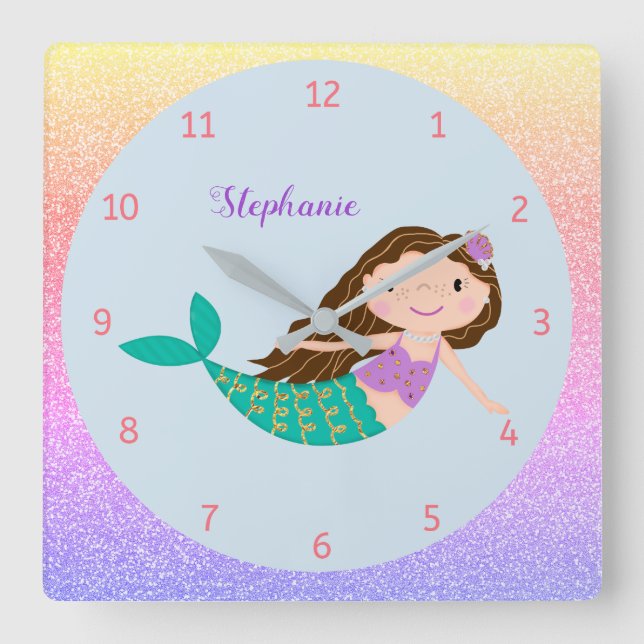 Cute Mermaid Rainbow Glitter Personalized Square Wall Clock (Front)
