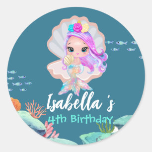 Cute Mermaid Rainbow pearl crown Birthday party Classic Round Sticker