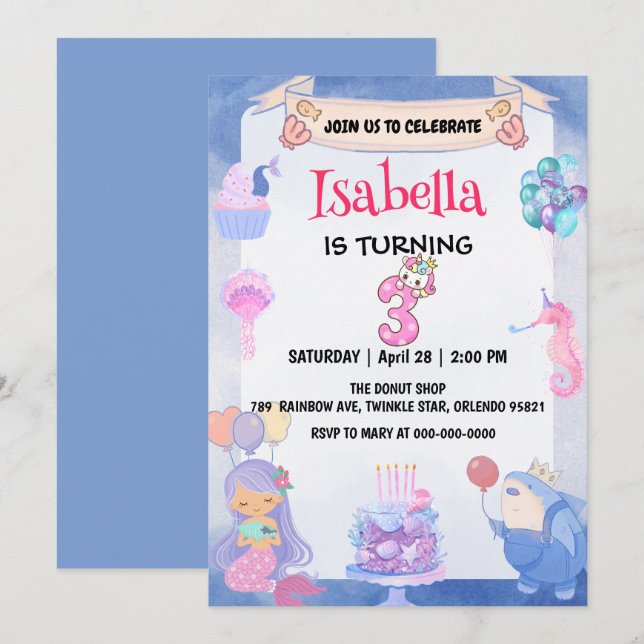 Cute Mermaid Rainbow Unicorn 3rd Birthday Party  Invitation (Front/Back)
