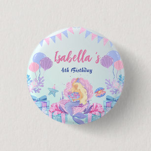 Cute Mermaid Rainbow Watercolor Birthday party  3 Cm Round Badge