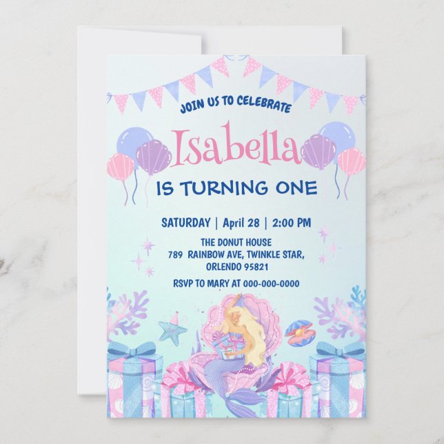 Cute Mermaid Rainbow Watercolor Birthday party  Invitation (Front)