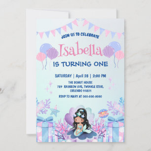 Cute Mermaid Rainbow Watercolor Birthday party  Invitation