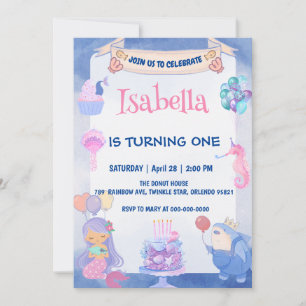 Cute Mermaid Rainbow Watercolor Birthday party  Invitation
