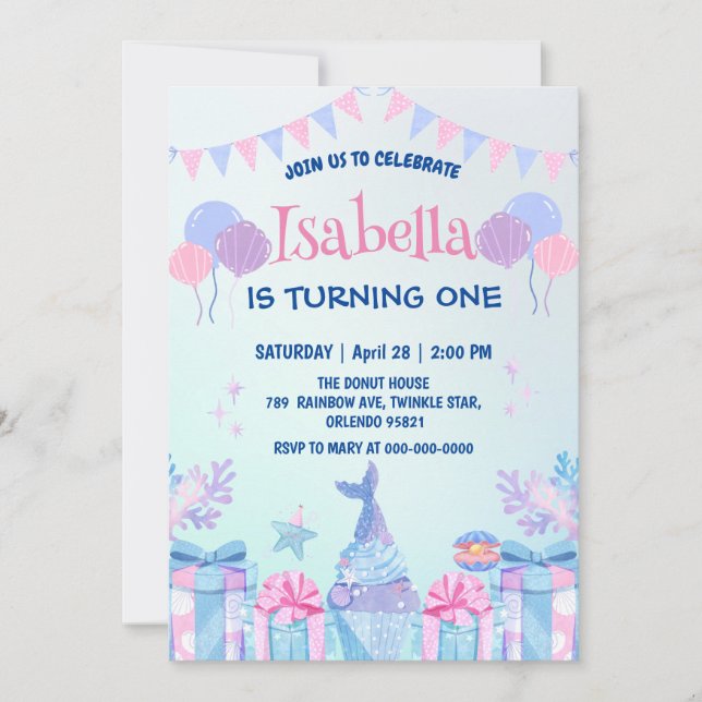 Cute Mermaid Rainbow Watercolor Birthday party  Invitation (Front)