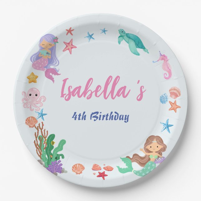 Cute Mermaid Rainbow Watercolor Birthday party  Paper Plate (Front)