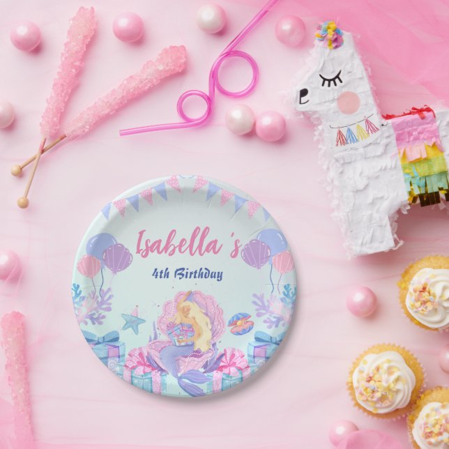 Cute Mermaid Rainbow Watercolor Birthday party  Paper Plate (Party)