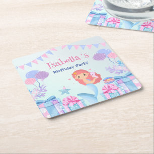 Cute Mermaid Rainbow Watercolor Birthday party Square Paper Coaster