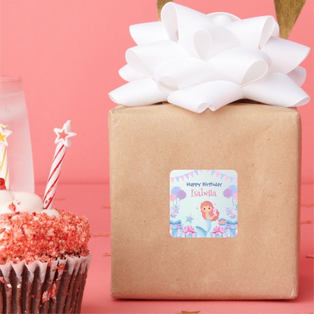 Cute Mermaid Rainbow Watercolor Birthday party  Square Sticker (Party)