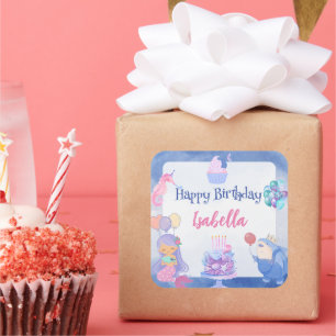 Cute Mermaid Rainbow Watercolor Birthday party Square Sticker