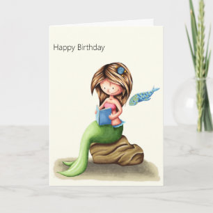 Cute Mermaid Reading Personalised Happy Birthday  Card