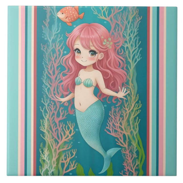 Cute Mermaid - Redhead Cartoon girl with blue tail Tile (Front)