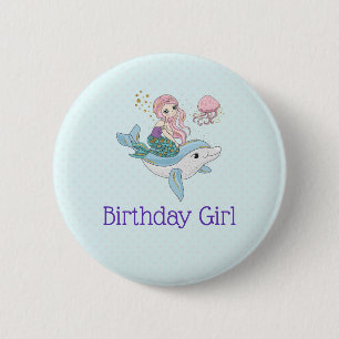 Cute Mermaid Riding a Dolphin Birthday Girl 6 Cm Round Badge