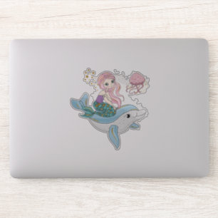 Cute Mermaid Riding a Dolphin Under the Sea