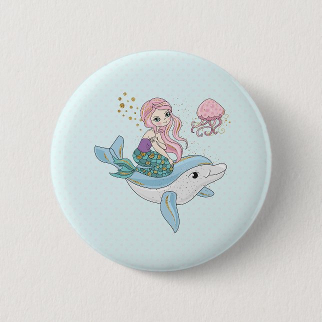 Cute Mermaid Riding a Dolphin Under the Sea 6 Cm Round Badge (Front)