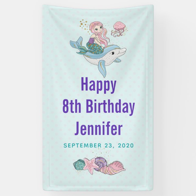 Cute Mermaid Riding a Dolphin Under the Sea Banner (Vertical)