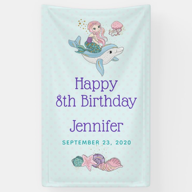 Cute Mermaid Riding a Dolphin Under the Sea Banner (Vertical)