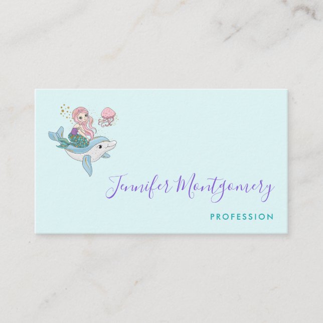 Cute Mermaid Riding a Dolphin Under the Sea Business Card (Front)
