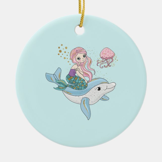 Cute Mermaid Riding a Dolphin Under the Sea Ceramic Tree Decoration (Front)