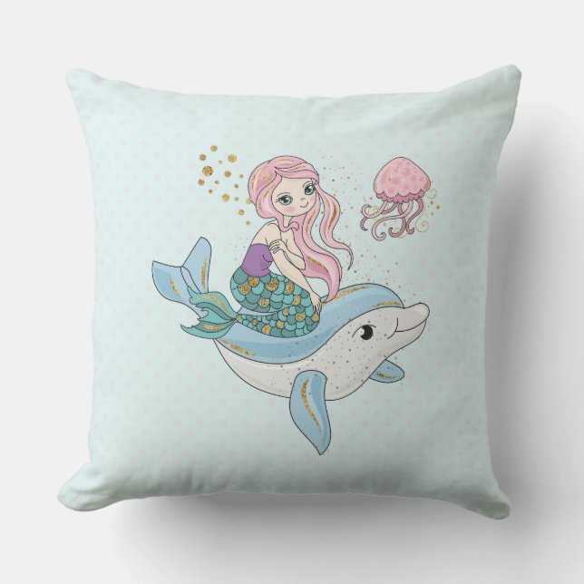 Cute Mermaid Riding a Dolphin Under the Sea Cushion (Front)