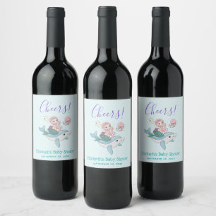 Cute Mermaid Riding a Dolphin Under the Sea Event Wine Label