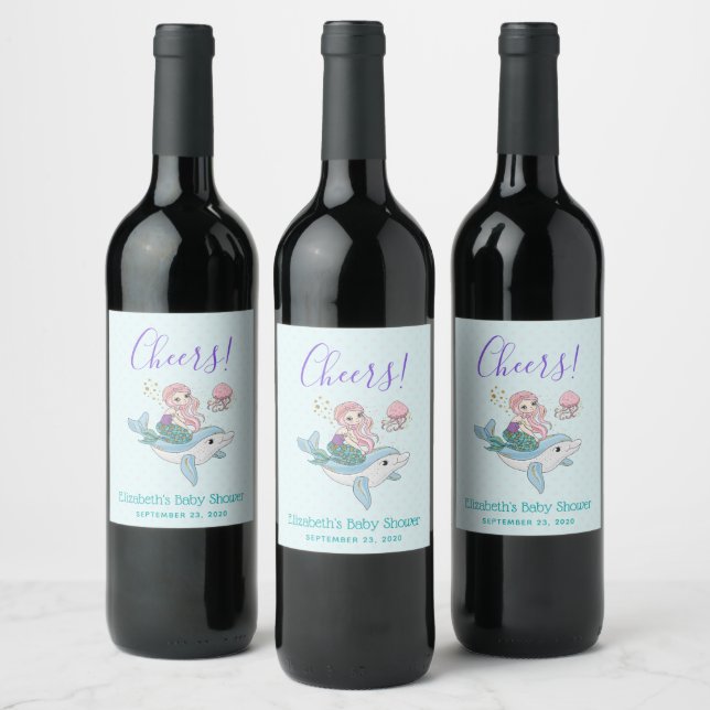 Cute Mermaid Riding a Dolphin Under the Sea Event Wine Label (Bottles)